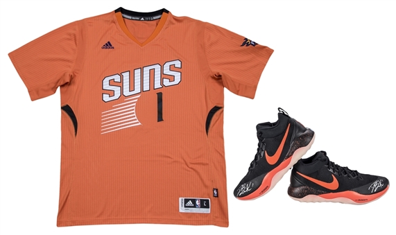 Lot of (2) Devin Booker Signed Phoenix Suns Jersey & Pair of Nike Shoes (Steiner & JSA)